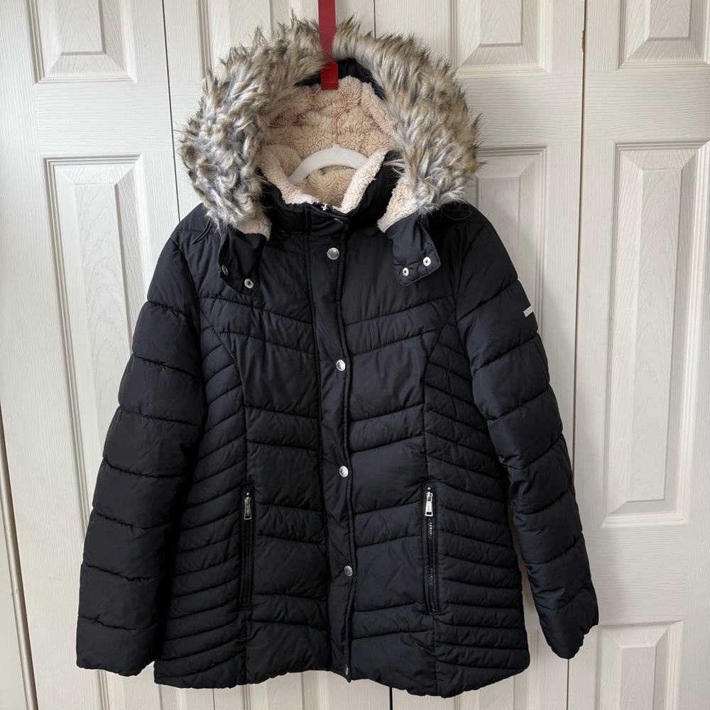 Laundry Shelli Segal Black Puffer Jacket Removable Faux Fur Hood Womens Size XL